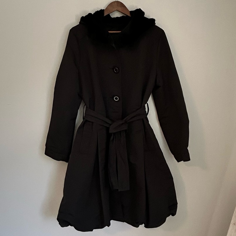 NWOT Georges Rech Black Belted Hooded Coat with Faux Fur Trim | Size 44